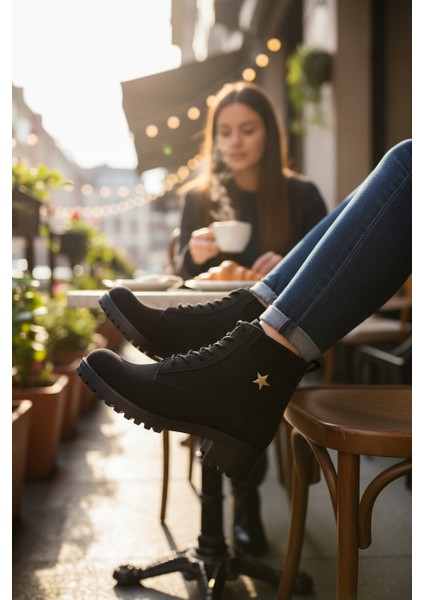 Modesa Hakiki Nubuk Deri Siyah Yıldızlı Fermuarlı & Bağcıklı Kadın Bot indirimleri