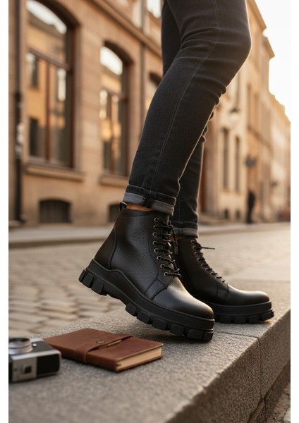 H&manc Hakiki Deri Siyah Fermuarlı & Bağcıklı Kauçuk Taban Kadın Bot fiyatları