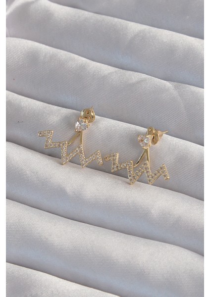 Pirinç Gold Renk Zirkon Taşlı Zikzak Küpe - Lisinya