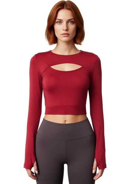 Kadın Crop Bisiklet Yaka Fitted Kalıp Örme Koyu Pencere Cut Out ve Baş Parmak Delik Spor Üst Bluz fiyatları