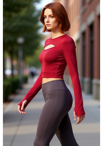 Kadın Crop Bisiklet Yaka Fitted Kalıp Örme Koyu Pencere Cut Out ve Baş Parmak Delik Spor Üst Bluz fırsatları