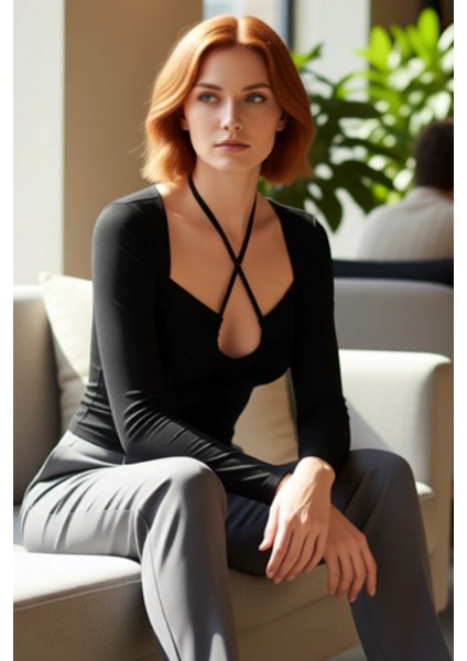 Moda Boyundan Bağlamalı Örme Slim Düz Desen Casual Günlük Regular Uzun Kol Bluz