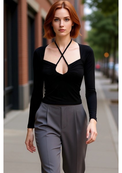 Moda Boyundan Bağlamalı Örme Slim Düz Desen Casual Günlük Regular Uzun Kol Bluz fırsatları