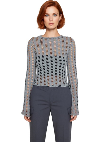 Kadın Moda Şık Üst Giyim Crop Bisiklet Yaka Ispanyol Kol Regular Kalıp Örme Fileli Slim Fit Bluz fiyatları