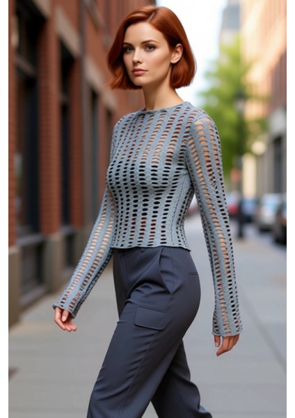 Kadın Moda Şık Üst Giyim Crop Bisiklet Yaka Ispanyol Kol Regular Kalıp Örme Fileli Slim Fit Bluz fırsatları