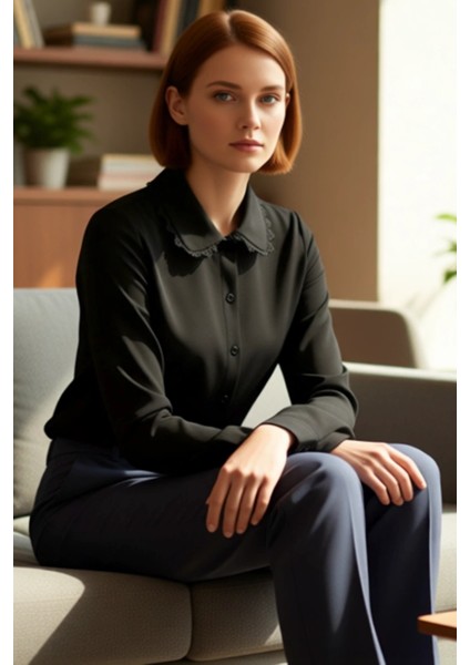 Kadın Polo Yaka Düğmeli Esnek Örme Üst Dantel Yaka Detaylı Kaliteli Şık Rahat Modern Zarif fırsatları