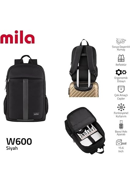 15.6 Inch Mila Serisi W600 - Macbook,mac Air Uyumlu Reflektörlü - Laptop Sırt Çantası - Siyah fiyatları