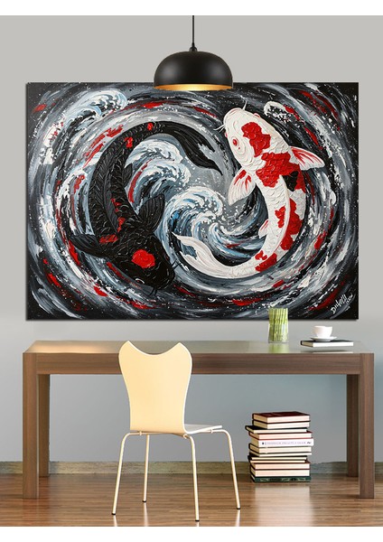 Siyah Beyaz Koi Balığı Dekoratif Kanvas - Mdf Ahşap Tablo