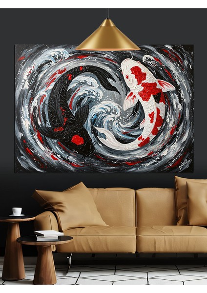 Siyah Beyaz Koi Balığı Dekoratif Kanvas - Mdf Ahşap Tablo modelleri