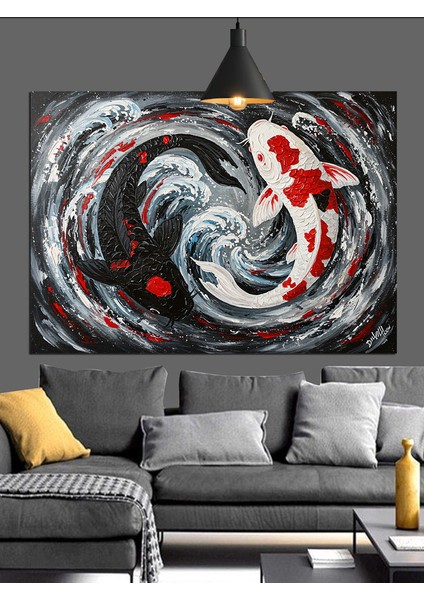 Siyah Beyaz Koi Balığı Dekoratif Kanvas - Mdf Ahşap Tablo fırsatları