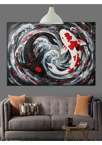 Siyah Beyaz Koi Balığı Dekoratif Kanvas - Mdf Ahşap Tablo indirimleri