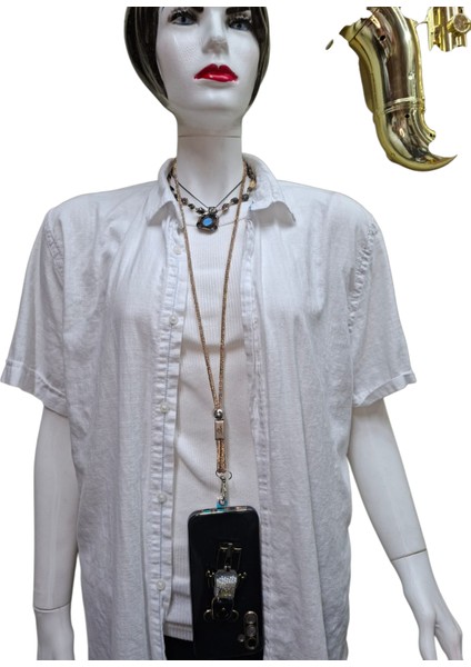 Tüm Kılıflara Uyumlu Gold Taşlı Telefon Boyun Askısı