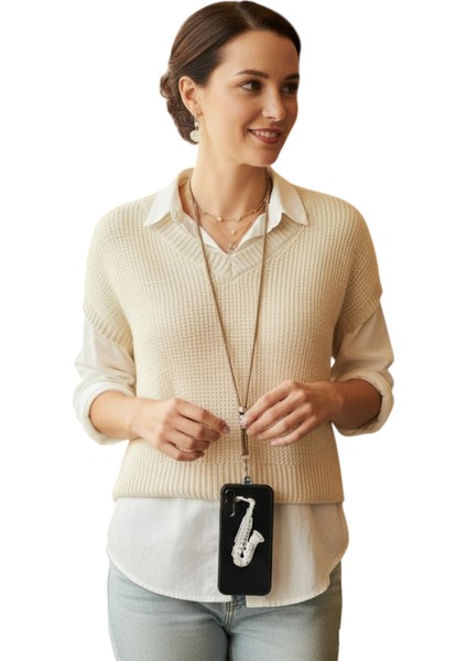 Tüm Kılıflara Uyumlu Gold Taşlı Telefon Boyun Askısı