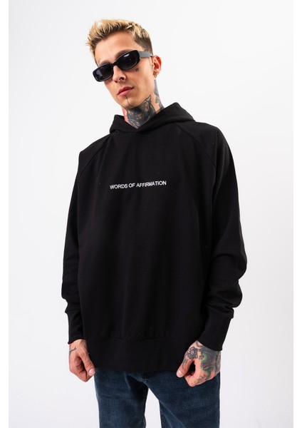 Erkek Siyah Sweatshirt Oversize Kapüşonlu Baskılı Yumusaçık Kumaşlı