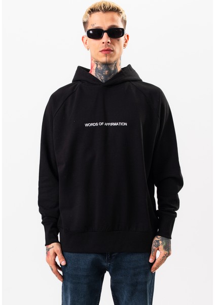 Erkek Siyah Sweatshirt Oversize Kapüşonlu Baskılı Yumusaçık Kumaşlı modelleri