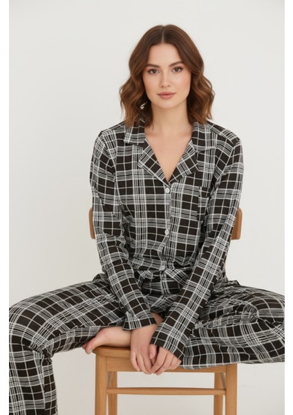 Luxury Viscose Siyah Beyaz Ekose Desenli Kadın Uzun Kollu Pijama Takımı – 42575