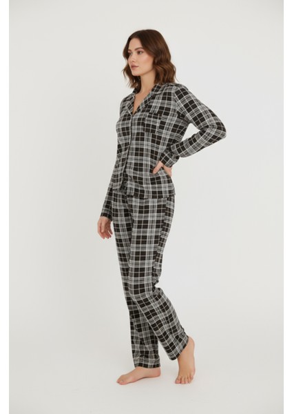 Luxury Viscose Siyah Beyaz Ekose Desenli Kadın Uzun Kollu Pijama Takımı – 42575 fiyatları
