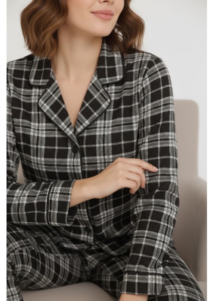 Luxury Viscose Siyah Beyaz Ekose Desenli Kadın Uzun Kollu Pijama Takımı – 42575 indirimleri