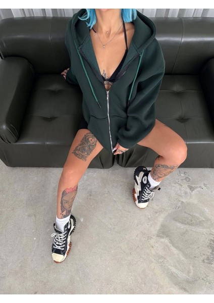 Kadın 3 İplik Şardonlu Kapüşonlu Fermuarlı Model 2 Cepli Uzun Spor & Günlük Sweatshirt