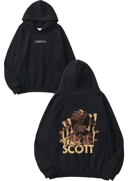 Scott Tasarım Baskılı Oversize Siyah Kapüşonlu Sweatshirt