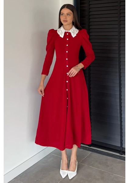 Kadın Dantel Yaka Boydan Düğmeli Triko Elbise P-00018927