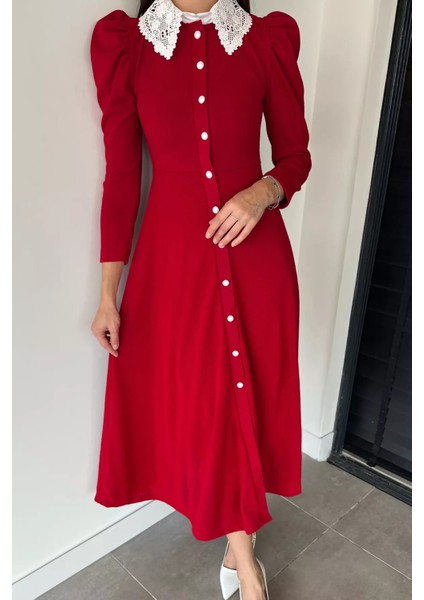 Kadın Dantel Yaka Boydan Düğmeli Triko Elbise P-00018927 modelleri