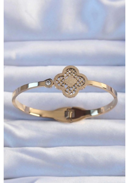 Bfs 316L Çelik Altın Renk Zirkon Taşlı Simli Yonca Kelepçe