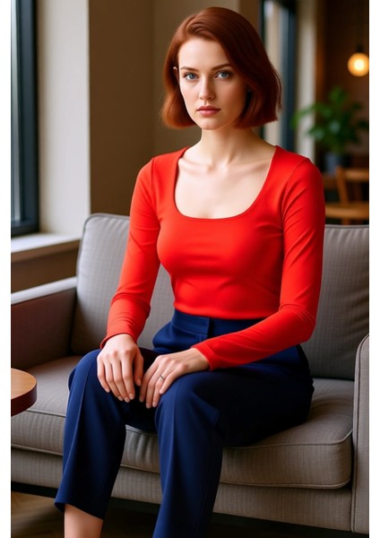 Kadın Slim Fit Kare Yaka Uzun Kollu Örme Üst Kaliteli Şık Rahat Modern Zarif Günlük