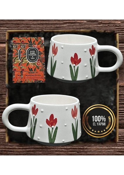 2 Kişilik El Yapımı Lale Desenli Hediyelik Kupa Seti – Özel Tasarım & Doğal Şıklık