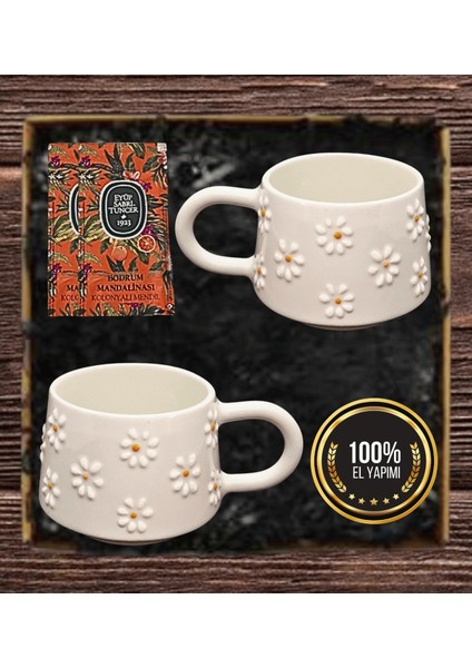 El Yapımı Papatya Desenli Hediyelik Ikili Kupa Seti