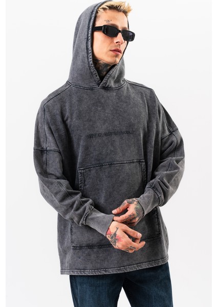 Erkek Antrasit Yıkamalı Oversize Sweatshirt Kapüşonlu