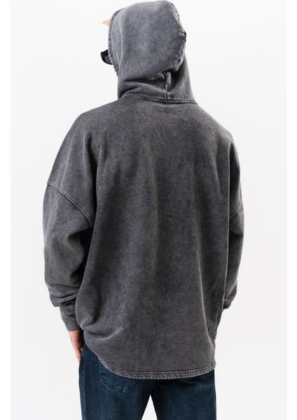 Erkek Antrasit Yıkamalı Oversize Sweatshirt Kapüşonlu indirimleri