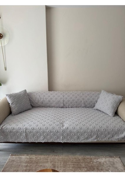 Konik Kırlent Kılıfı Hediyeli 170X210 cm Pamuklu Koltuk Örtüsü Gri
