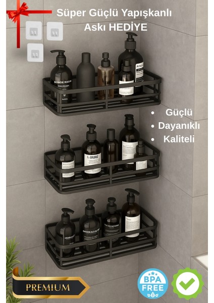 3 Lü Banyo Düzenleyici Organizer Şampuanlık Havlupan Askısı Havluluk Siyah Banyo Duş Mutfak Rafı