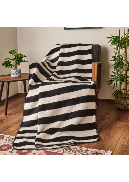 Soft Çizgili Pamuklu Tv Battaniyesi - Siyah / Beyaz - 130X170 cm