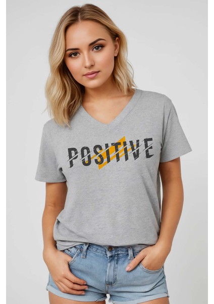 Positive Baskılı Kadın V-Yaka Tişört - Gri Melanj