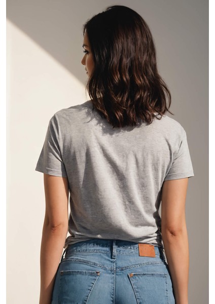 Positive Baskılı Kadın V-Yaka Tişört - Gri Melanj fiyatları