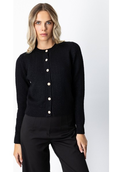 Kadın Düğmeli Sıfır Yaka Hırka 63903 Siyah