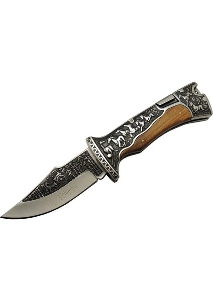 Columbia A3189C Kahve Kamp Çakısı 23CM- Manuel, At Işlemeli Ahşap Sap, Özel Kutulu, Kılıflı