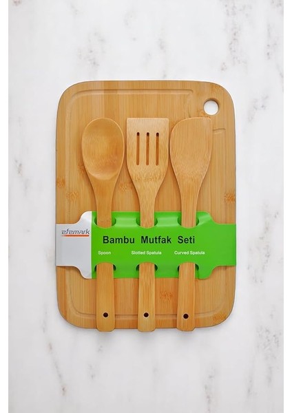 Golden Bambu Serisi Oluklu Antibakteriel Yıkanabilir Bambu 36X26 cm Doğrama Tahtası, Kaşık ve Spatula, Tahta Kevgir, 4'lü Set