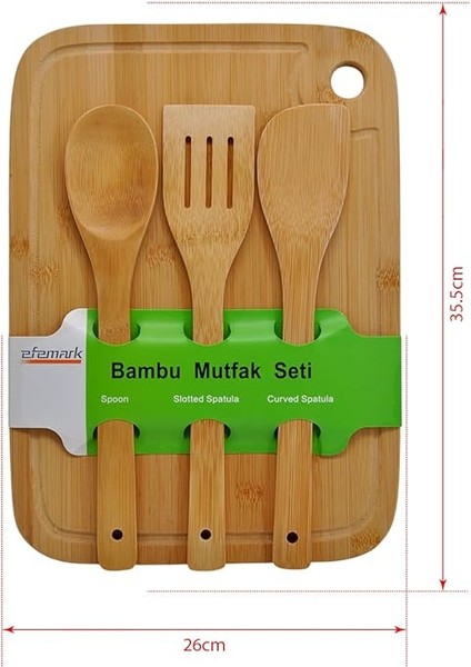 Golden Bambu Serisi Oluklu Antibakteriel Yıkanabilir Bambu 36X26 cm Doğrama Tahtası, Kaşık ve Spatula, Tahta Kevgir, 4'lü Set fırsatları