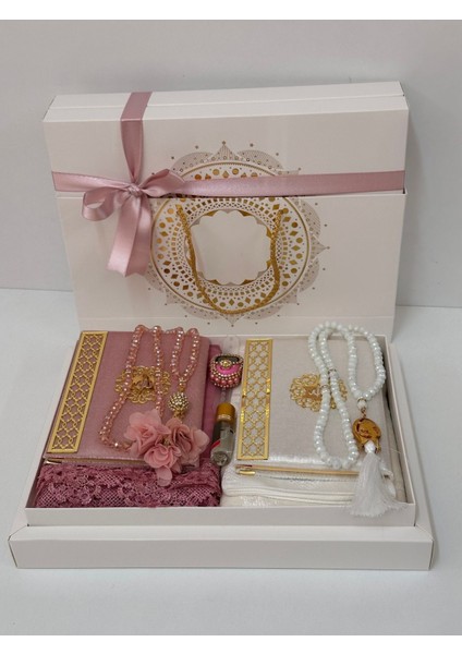 Pembe-Beyaz Damat Bohçası, Gelin Bohçası, Seccade Seti, Nişan Bohçası, Çeyizlik Set, Çeyizlik Seccade