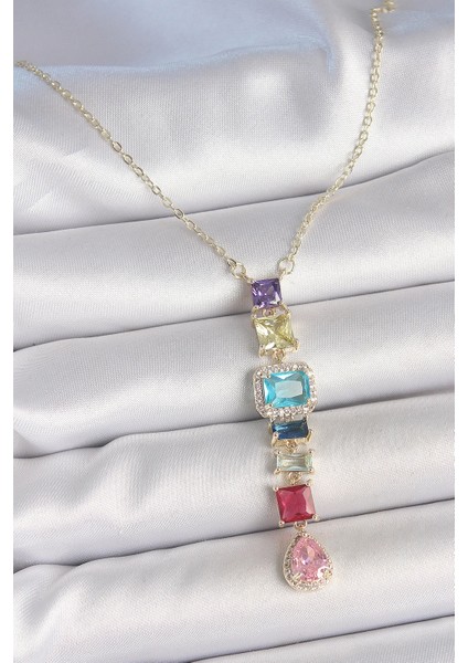 Bfs Gold Karışık Renk Zirkon Taşlı Y Pirinç Kolye