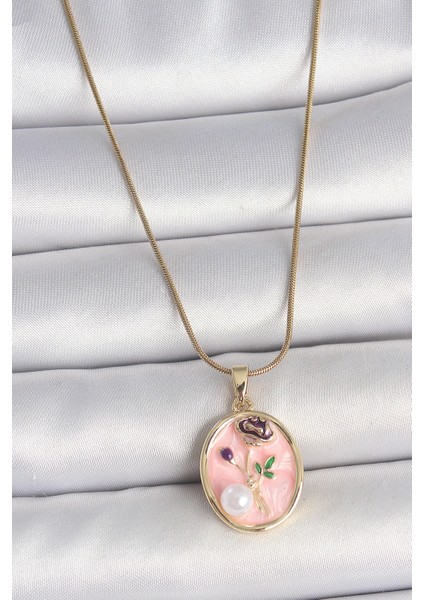 Bfs 316L Çelik Gold Renk Zincir Pembe Çiçek Işlemeli Inci Detay Portre Model Kadın Kolye
