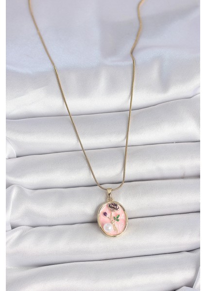Bfs 316L Çelik Gold Renk Zincir Pembe Çiçek Işlemeli Inci Detay Portre Model Kadın Kolye fiyatları