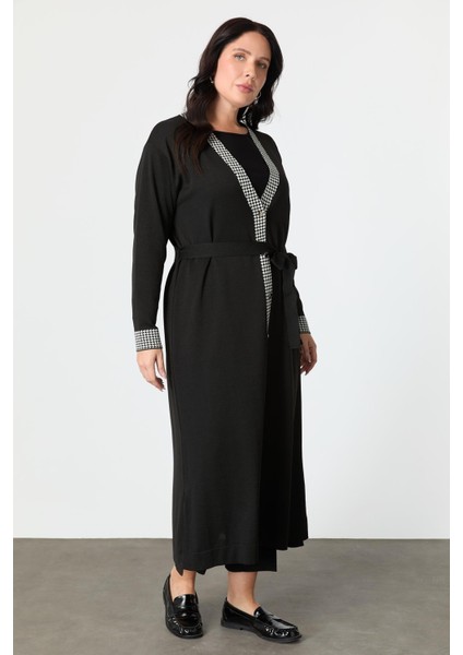 Büyük Beden Düğmeli Uzun Triko Hırka-Siyah fiyatları