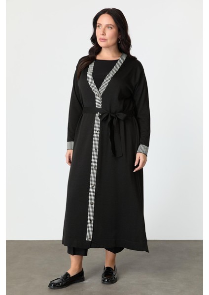 Büyük Beden Düğmeli Uzun Triko Hırka-Siyah modelleri