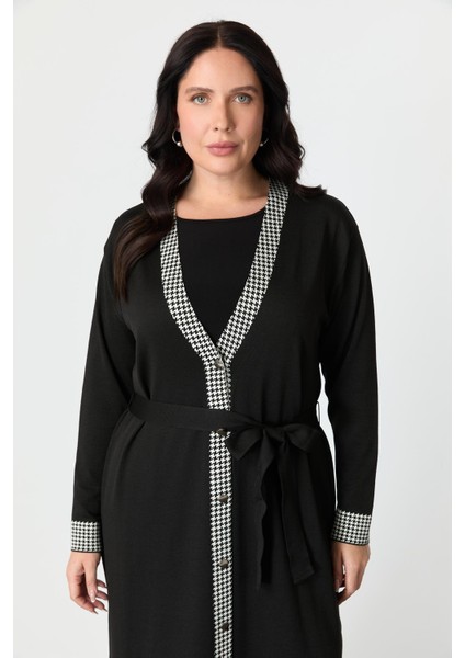 Büyük Beden Düğmeli Uzun Triko Hırka-Siyah fırsatları