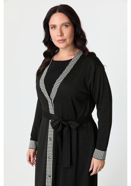 Büyük Beden Düğmeli Uzun Triko Hırka-Siyah indirimleri