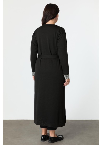 Büyük Beden Düğmeli Uzun Triko Hırka-Siyah